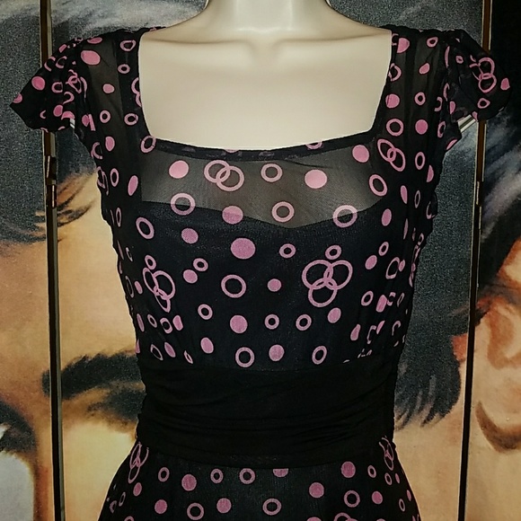Tatyana Jenny Vintage 1940's Hollywood Starlet Black Chiffon Tea Dress Pink Dots - Picture 4 of 8